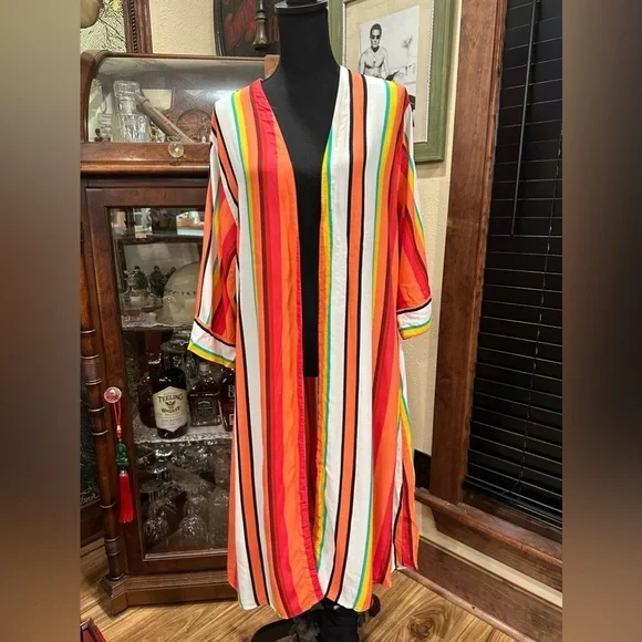 Express Multi-Color Striped Longline Kimono Duster Cardigan Boho Chic M/L - Picture 4 of 10